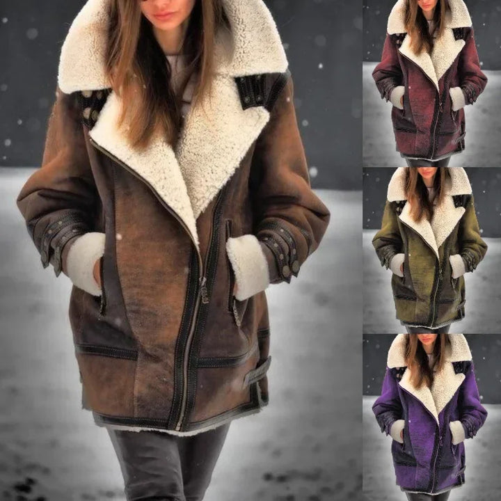 Frauen Herbst Winter Mantel Faux Leder Einfarbig Turndown Kragen Reißverschlüsse Taste Taschen Casual Mode Warme Bequeme Regelmäßige