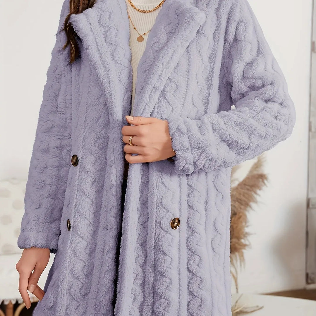 Elegante jas met dubbele rij knopen, nepbontkraag, warme effen kleur, trendy damesbovenkleding met prinsessenmouwen, lenteseizoen