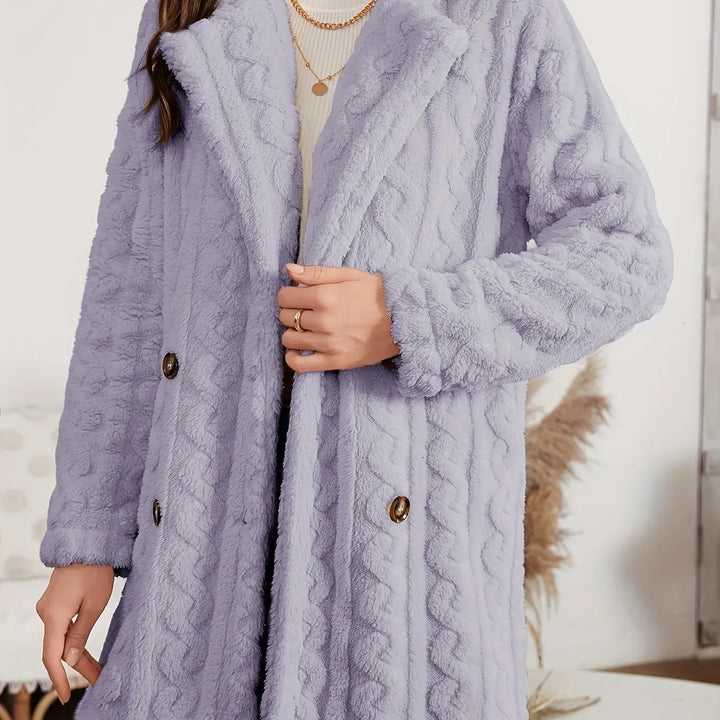 Elegante jas met dubbele rij knopen, nepbontkraag, warme effen kleur, trendy damesbovenkleding met prinsessenmouwen, lenteseizoen