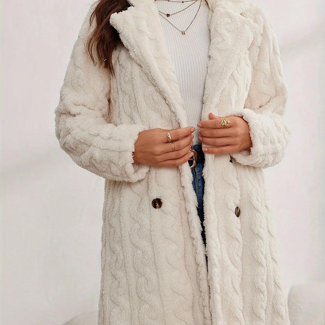 Elegante jas met dubbele rij knopen, nepbontkraag, warme effen kleur, trendy damesbovenkleding met prinsessenmouwen, lenteseizoen