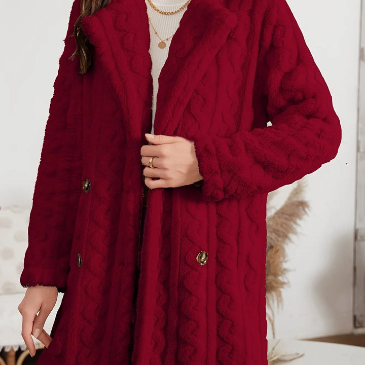 Elegante jas met dubbele rij knopen, nepbontkraag, warme effen kleur, trendy damesbovenkleding met prinsessenmouwen, lenteseizoen