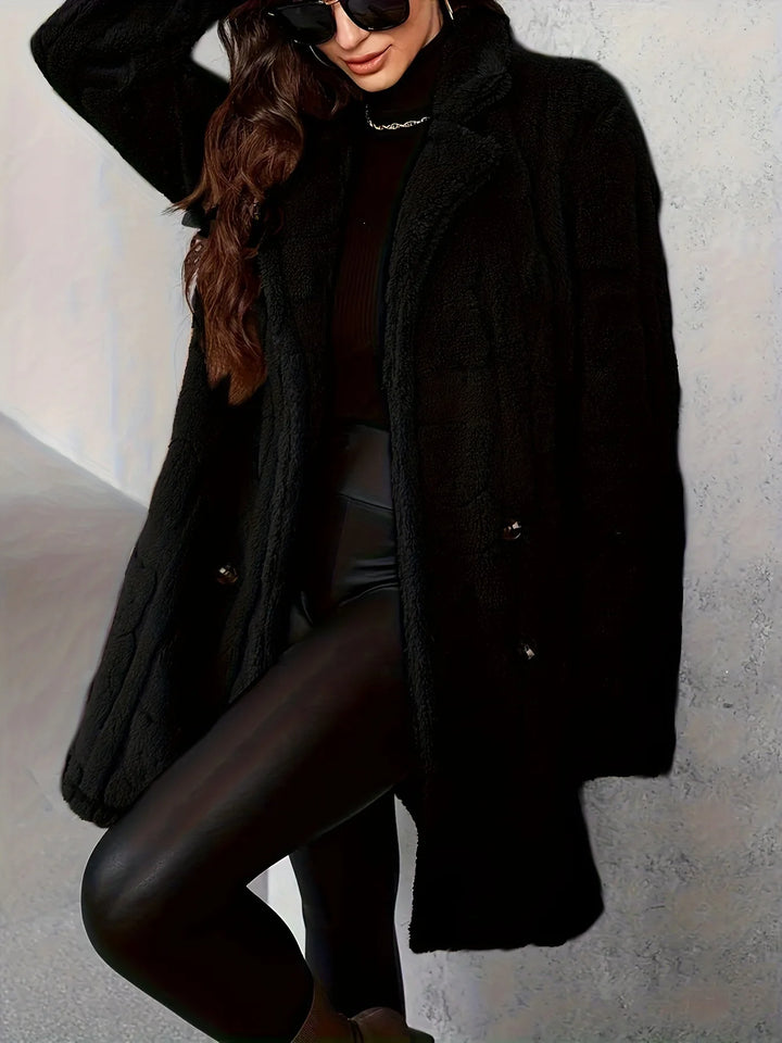 Elegante jas met dubbele rij knopen, nepbontkraag, warme effen kleur, trendy damesbovenkleding met prinsessenmouwen, lenteseizoen