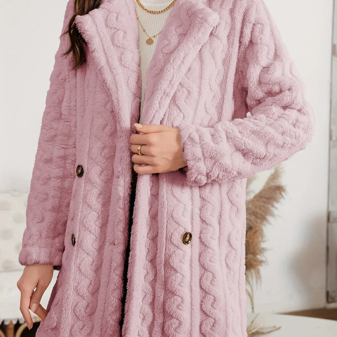 Elegante jas met dubbele rij knopen, nepbontkraag, warme effen kleur, trendy damesbovenkleding met prinsessenmouwen, lenteseizoen