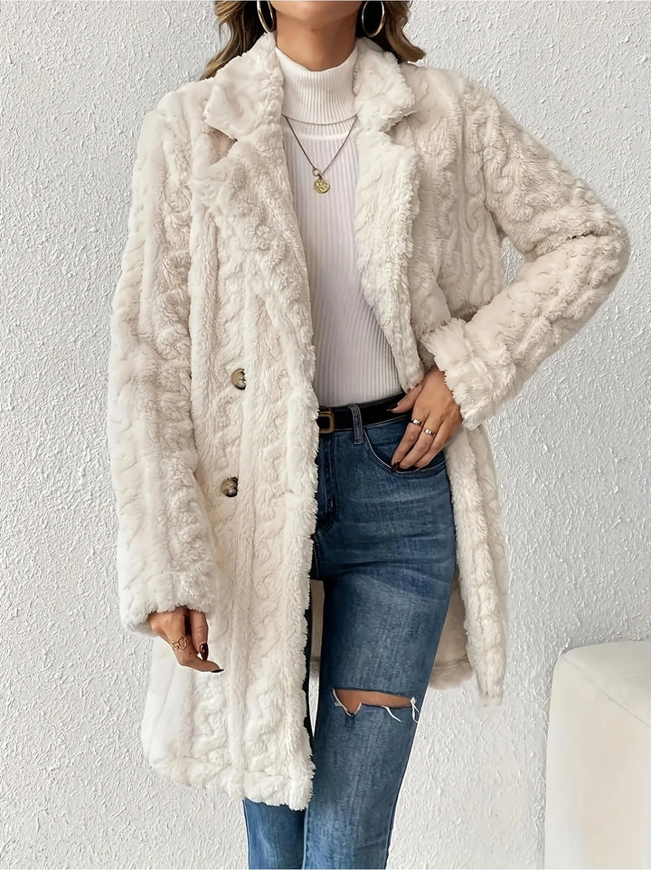 Women's Teddy Bear Winter Coat Double Row Button Turn-down Collar Short Length Five Sleeve Bangle Style Korean Casual Fashion