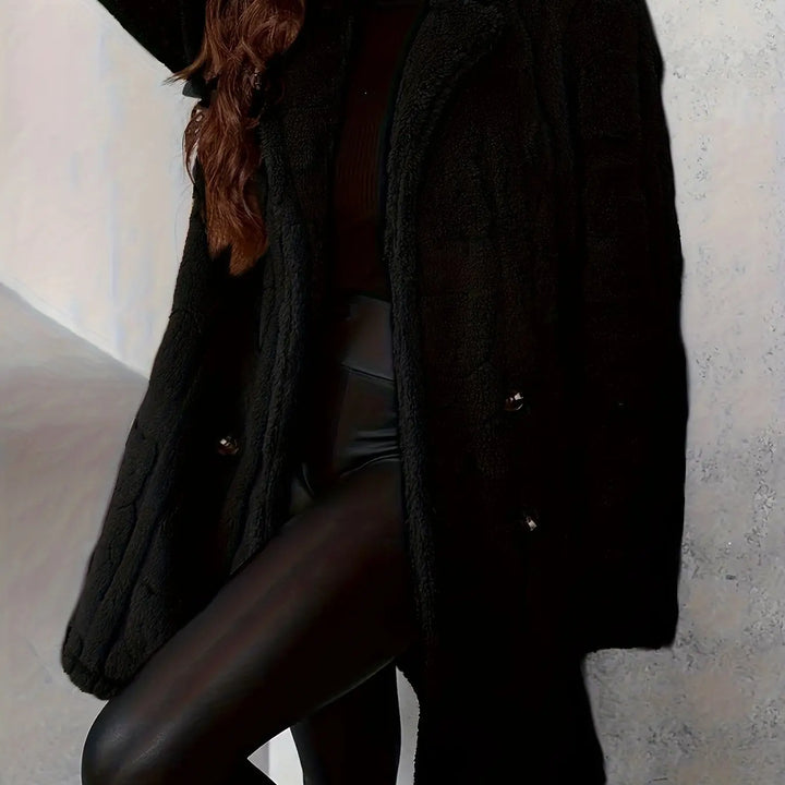 Elegante jas met dubbele rij knopen, nepbontkraag, warme effen kleur, trendy damesbovenkleding met prinsessenmouwen, lenteseizoen