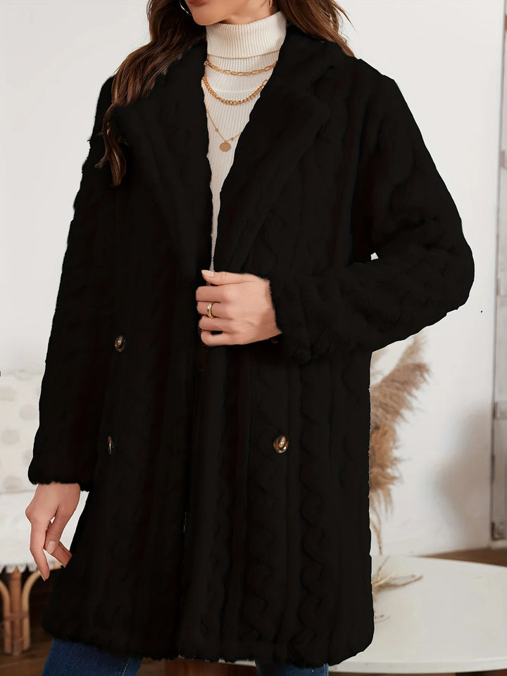 Elegante jas met dubbele rij knopen, nepbontkraag, warme effen kleur, trendy damesbovenkleding met prinsessenmouwen, lenteseizoen