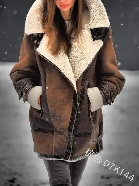 Frauen Herbst Winter Mantel Faux Leder Einfarbig Turndown Kragen Reißverschlüsse Taste Taschen Casual Mode Warme Bequeme Regelmäßige