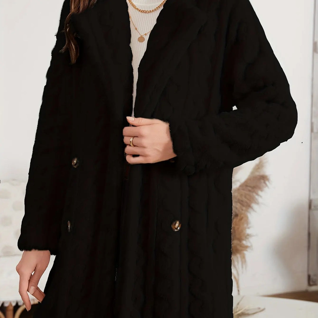 Elegante jas met dubbele rij knopen, nepbontkraag, warme effen kleur, trendy damesbovenkleding met prinsessenmouwen, lenteseizoen