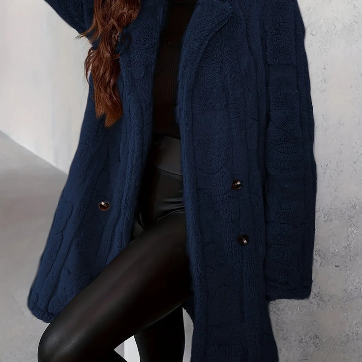 Elegante jas met dubbele rij knopen, nepbontkraag, warme effen kleur, trendy damesbovenkleding met prinsessenmouwen, lenteseizoen