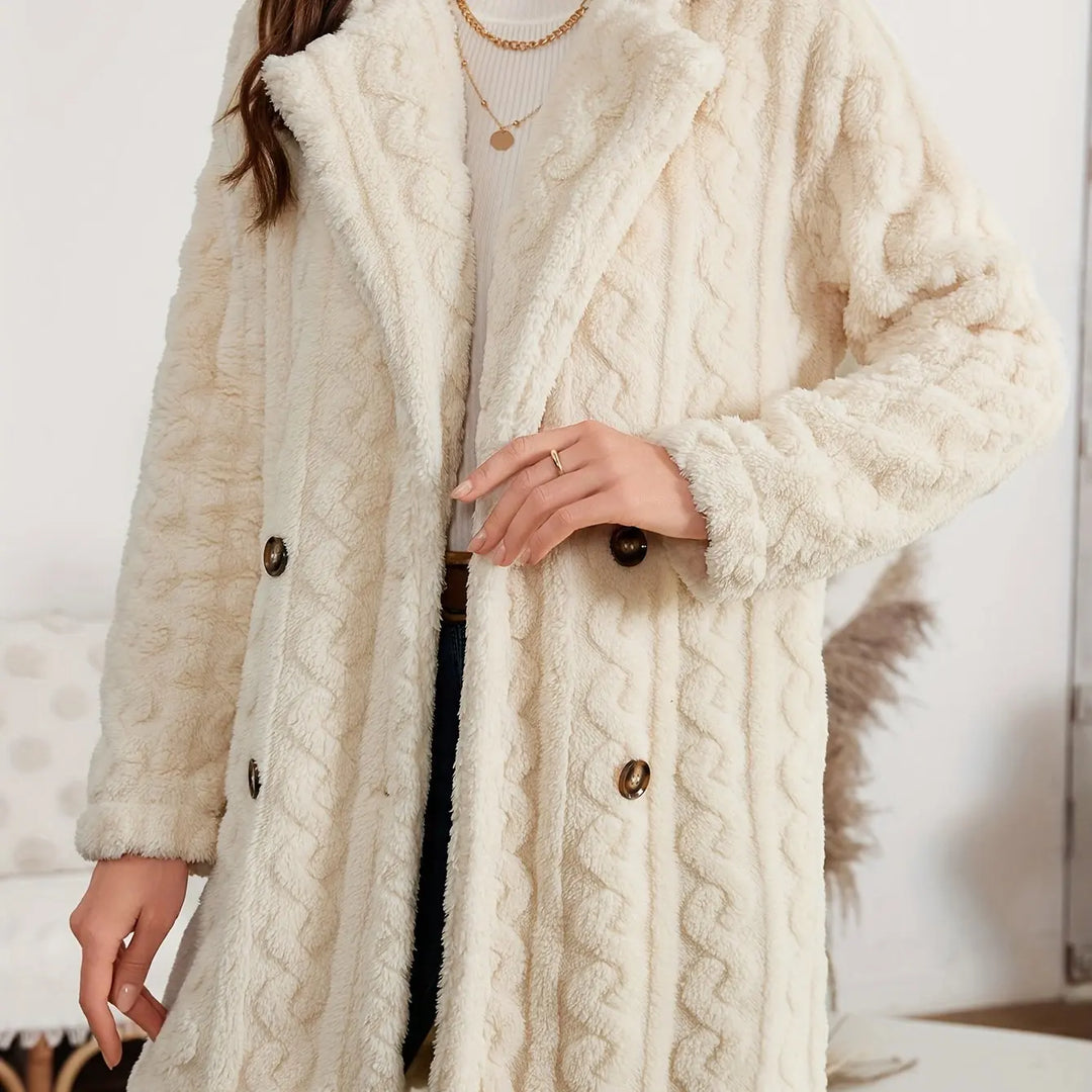 Elegante jas met dubbele rij knopen, nepbontkraag, warme effen kleur, trendy damesbovenkleding met prinsessenmouwen, lenteseizoen