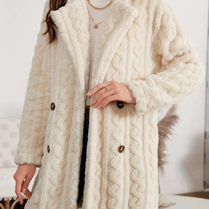 Elegante jas met dubbele rij knopen, nepbontkraag, warme effen kleur, trendy damesbovenkleding met prinsessenmouwen, lenteseizoen