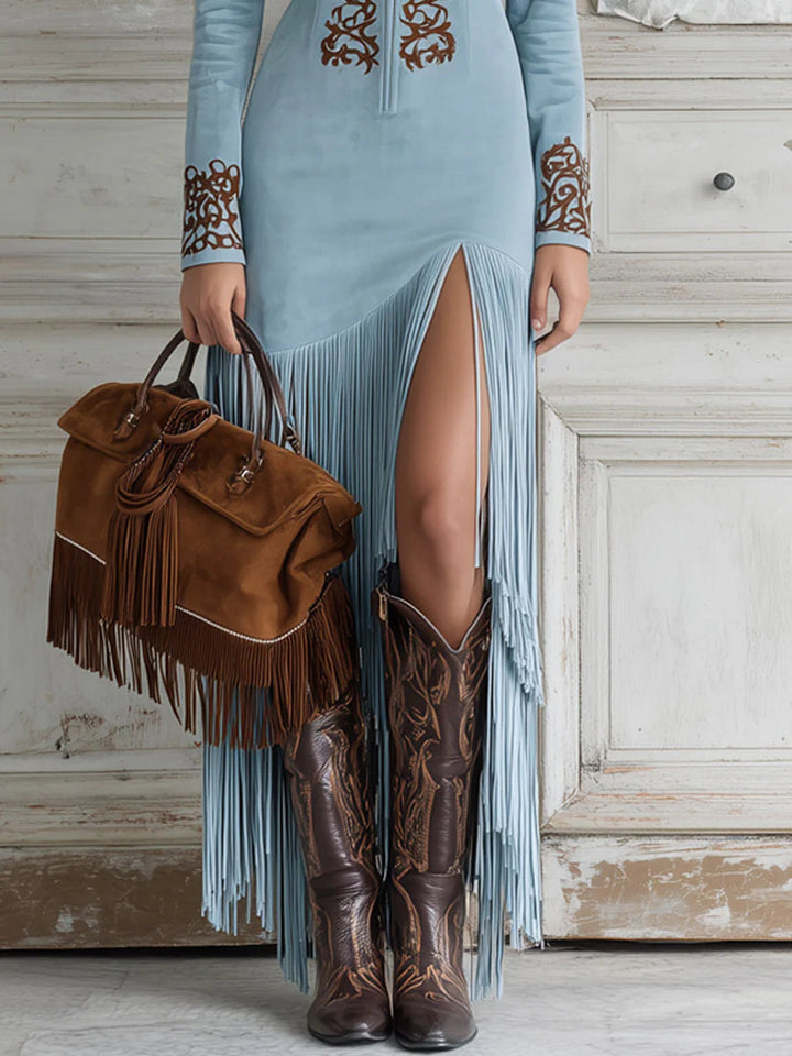 Ophelio | Western Embroidered Faux Suede Fringe Dress