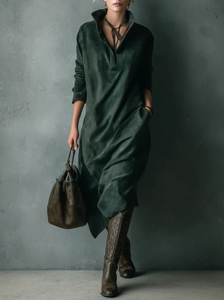 Isna | Green Loose Suede Lapel Long Sleeve Midi Dress
