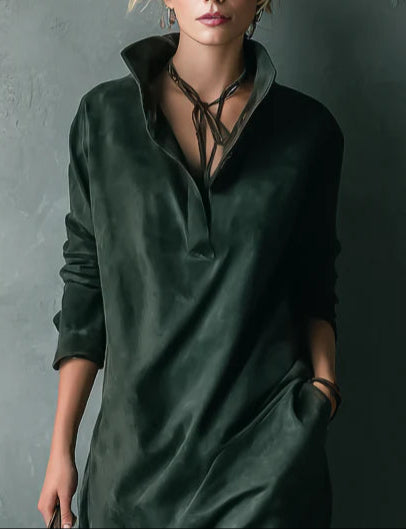 Isna | Green Loose Suede Lapel Long Sleeve Midi Dress