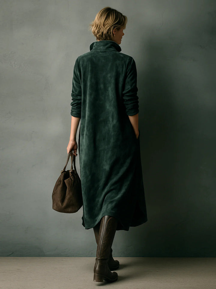 Isna | Green Loose Suede Lapel Long Sleeve Midi Dress