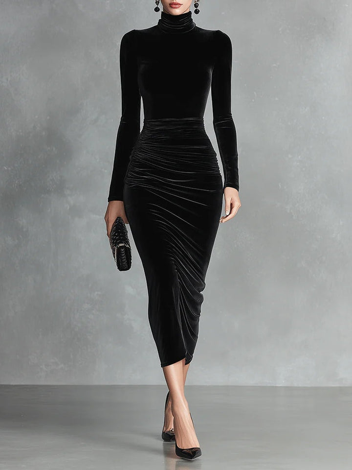 Verity | Black Velvet Elegant High-Neck Bodycon Dress