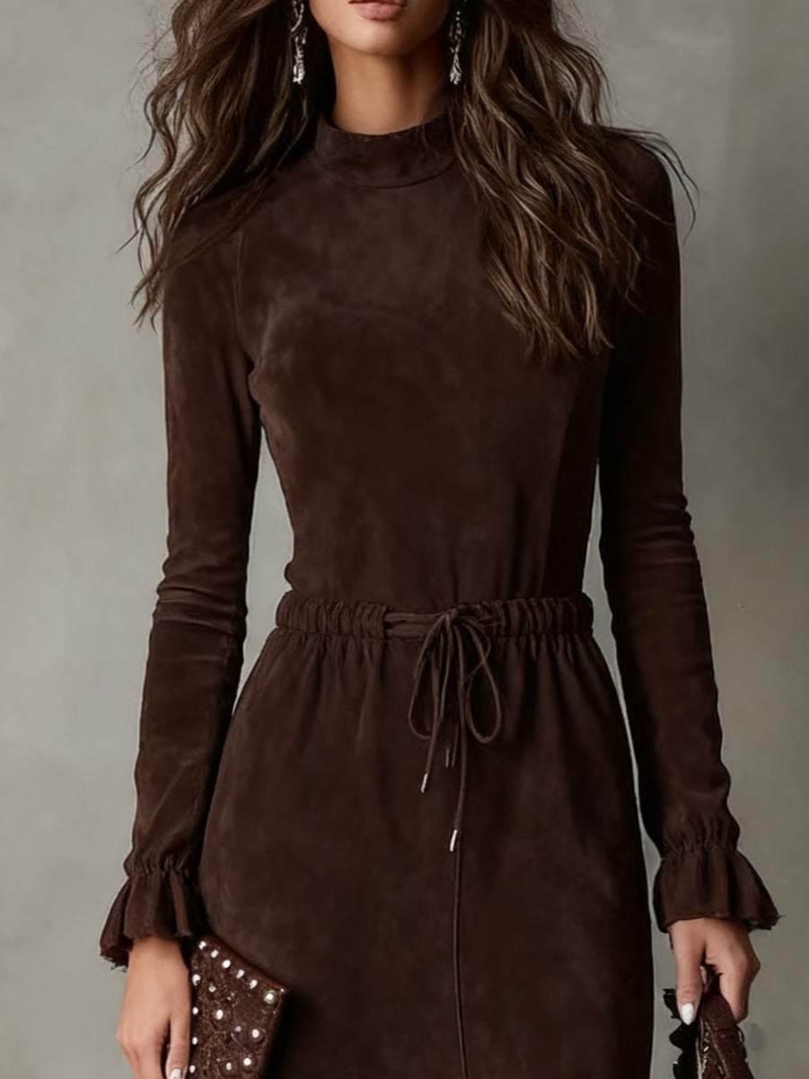Cecily | Elegant Dark Brown Suede Drawstring Irregular Midi Dress