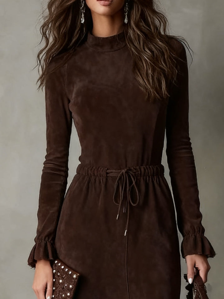 Cecily | Elegant Dark Brown Suede Drawstring Irregular Midi Dress