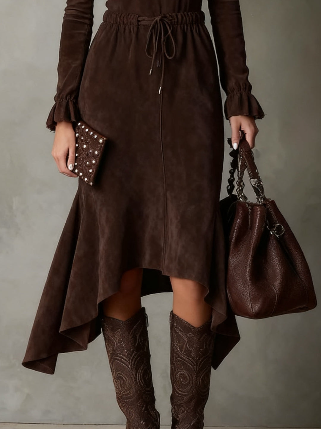 Cecily | Elegant Dark Brown Suede Drawstring Irregular Midi Dress