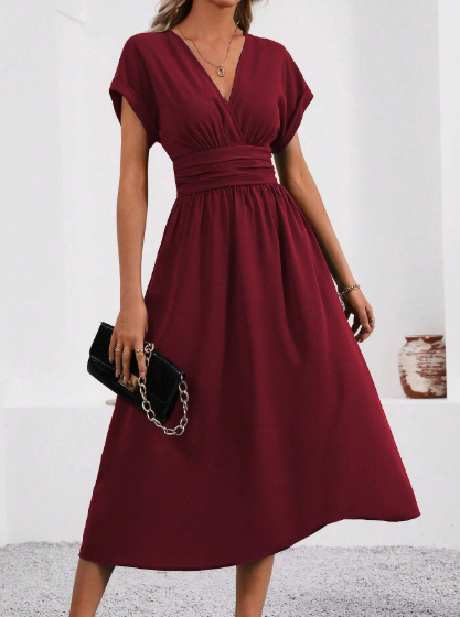 Lucyndra | V-Neck Pleated Waist Dress