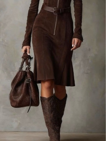 Roweno | Brown Vintage Zipper Belted Midi Dress (Includes belt)