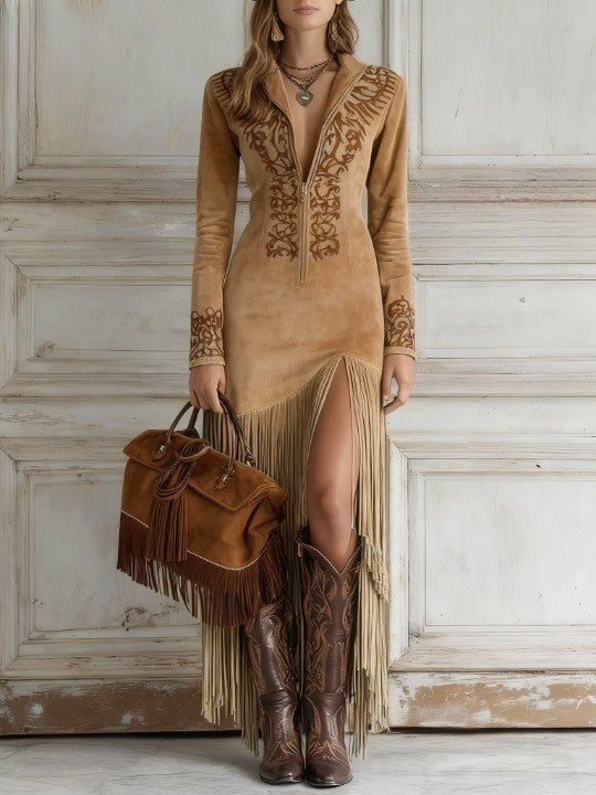 Ophelio | Western Embroidered Faux Suede Fringe Dress